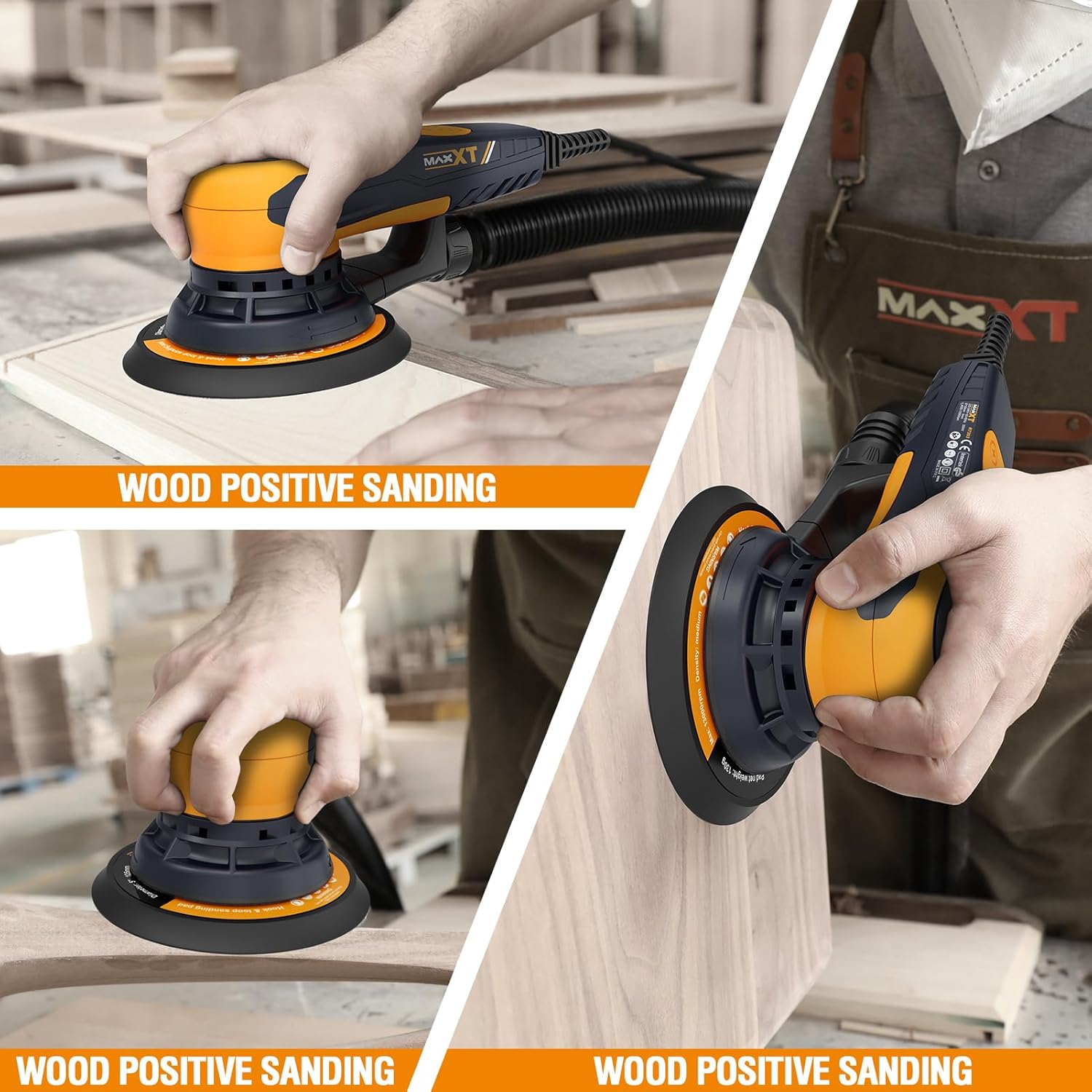 MAXXT Vibrant Orange 150mm Brushless Orbital Sander | 5.0mm Eccentric with 6-Speed Control | Low-Vibration Design & Advanced Dust Extraction for Woodworking, Car Detailing, DIY