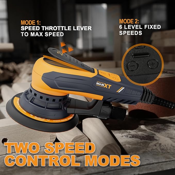 MAXXT Vibrant Orange 150mm Brushless Orbital Sander | 5.0mm Eccentric with 6-Speed Control | Low-Vibration Design & Advanced Dust Extraction for Woodworking, Car Detailing, DIY