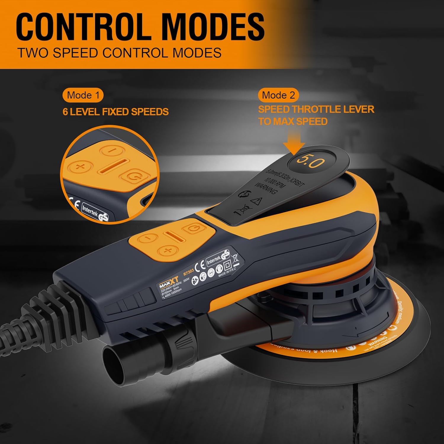 MAXXT Vibrant Orange 150mm Brushless Orbital Sander | 5.0mm Eccentric with 6-Speed Control | Low-Vibration Design & Advanced Dust Extraction for Woodworking, Car Detailing, DIY