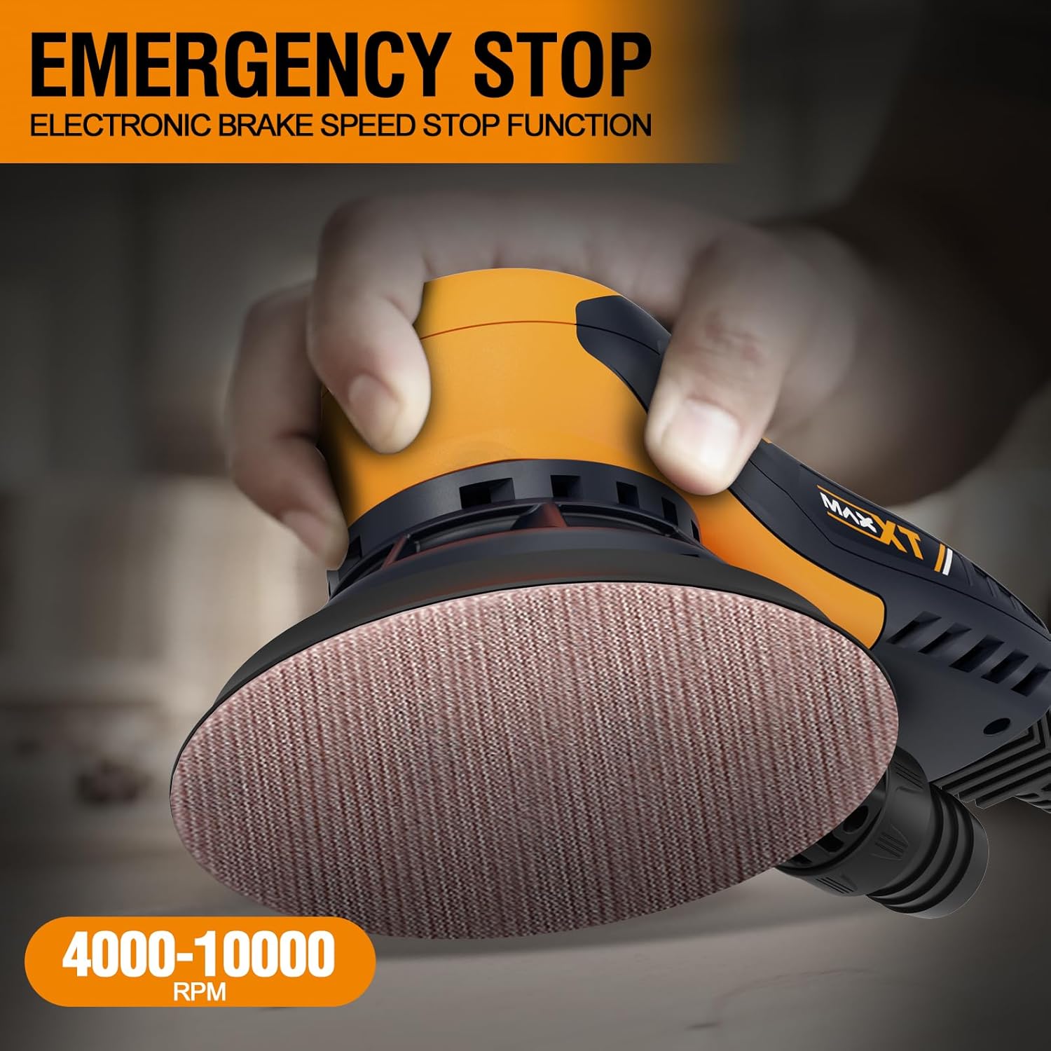 MAXXT Vibrant Orange 150mm Brushless Orbital Sander | 5.0mm Eccentric with 6-Speed Control | Low-Vibration Design & Advanced Dust Extraction for Woodworking, Car Detailing, DIY