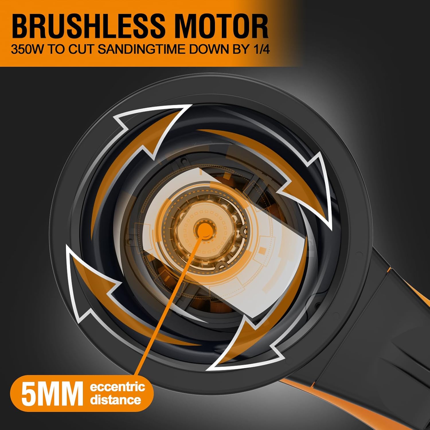 MAXXT Vibrant Orange 150mm Brushless Orbital Sander | 5.0mm Eccentric with 6-Speed Control | Low-Vibration Design & Advanced Dust Extraction for Woodworking, Car Detailing, DIY