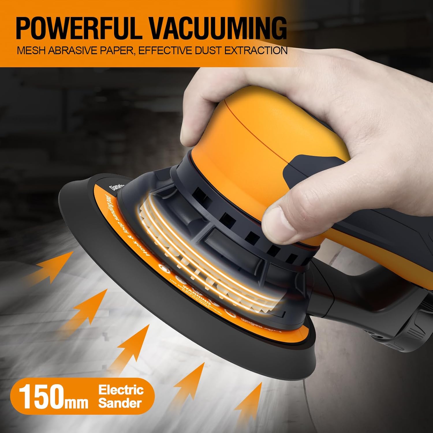 MAXXT Vibrant Orange 150mm Brushless Orbital Sander | 5.0mm Eccentric with 6-Speed Control | Low-Vibration Design & Advanced Dust Extraction for Woodworking, Car Detailing, DIY