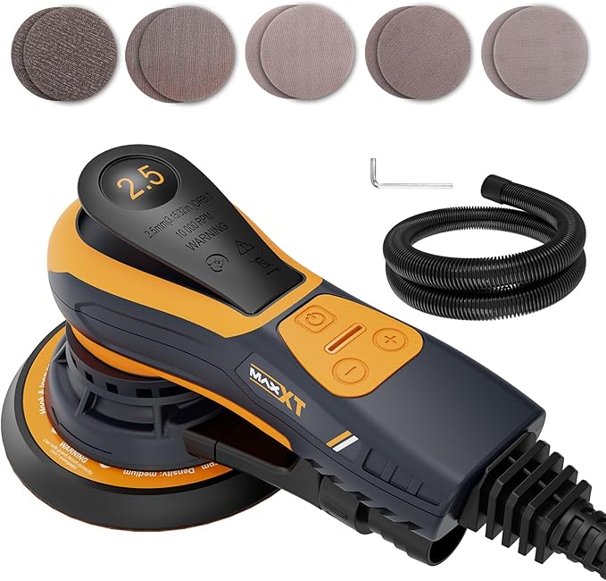 MAXXT Vibrant Orange 150mm Brushless Orbital Sander | 5.0mm Eccentric with 6-Speed Control | Low-Vibration Design & Advanced Dust Extraction for Woodworking, Car Detailing, DIY