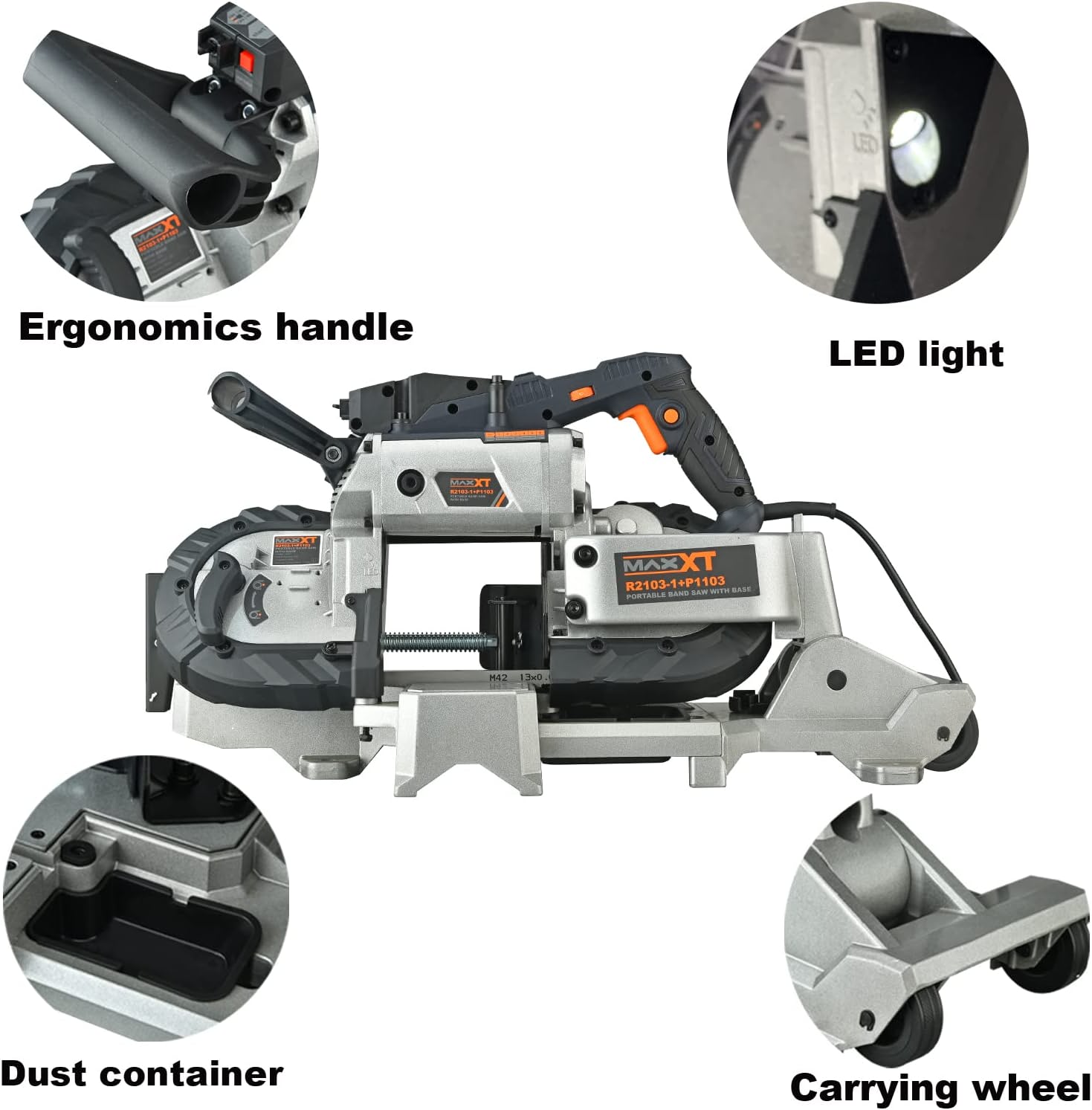 MAXXT Portable Band Saw with Base 10-Amp 5-Inch Deep Cut Variable Speed Handheld Portable Automatic Multi-Purpose Cutting with Carrying wheels