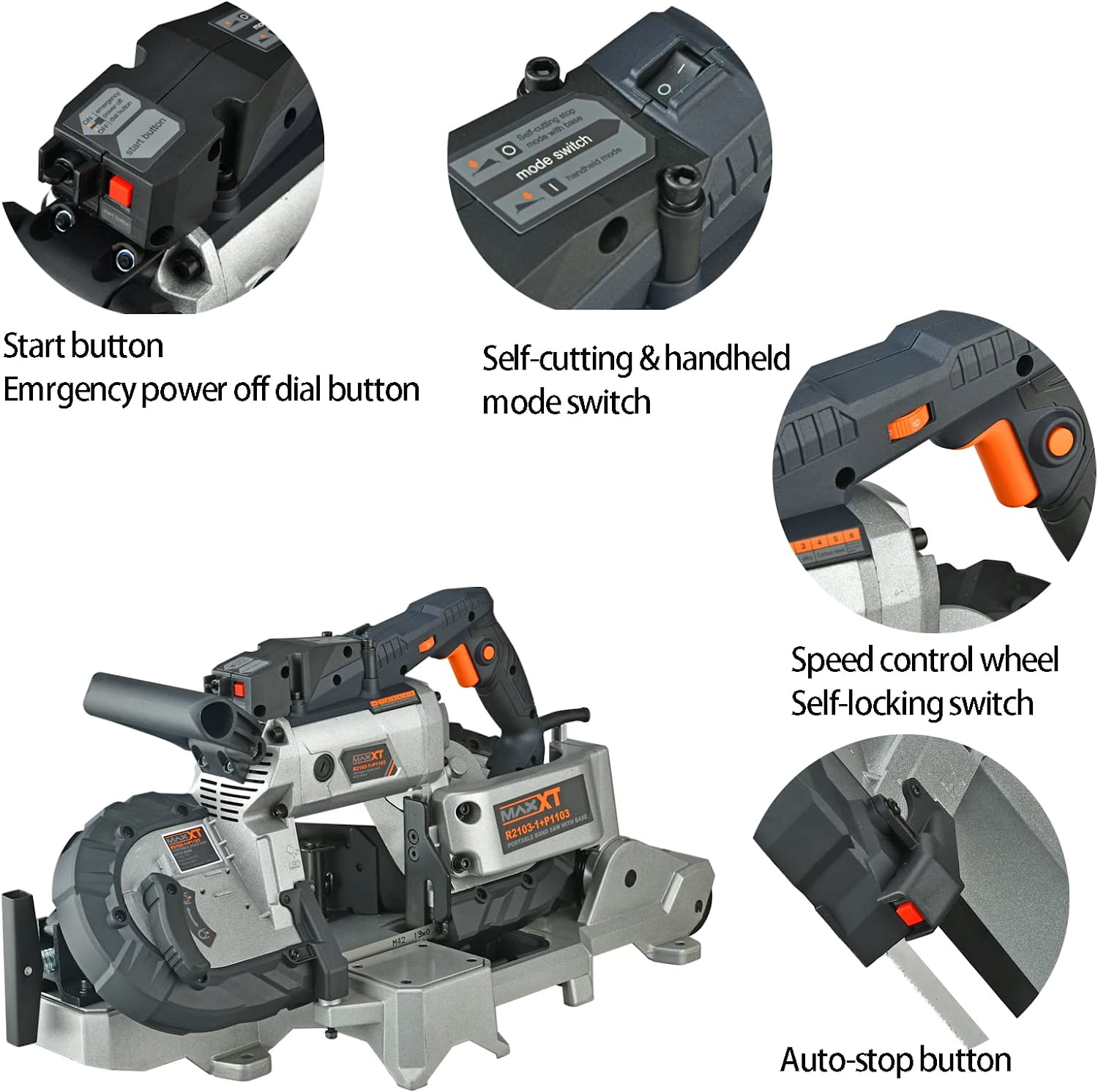 MAXXT Portable Band Saw with Base 10-Amp 5-Inch Deep Cut Variable Speed Handheld Portable Automatic Multi-Purpose Cutting with Carrying wheels