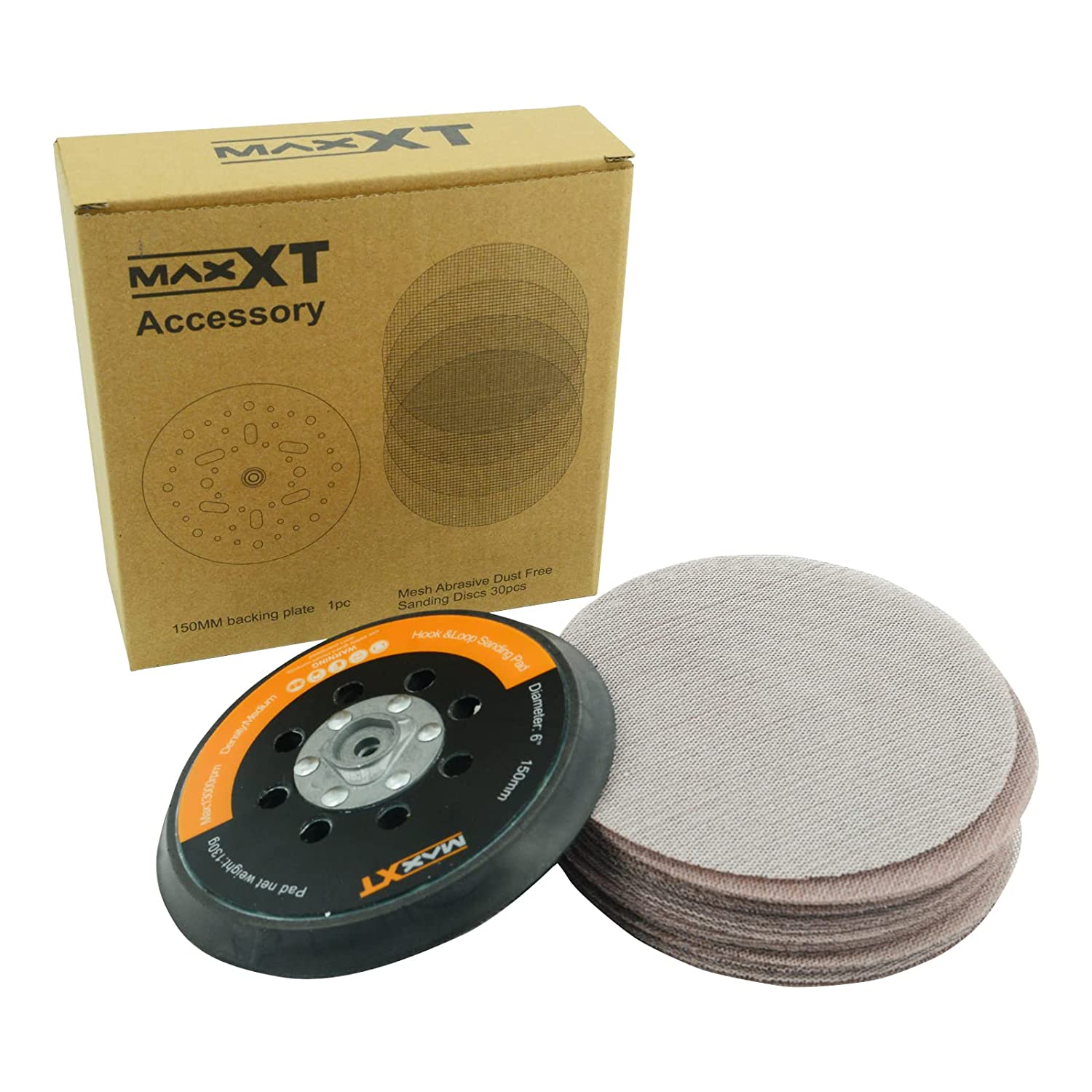 MAXXT 6"(150mm) Hook & Loop DA Sander Backing Plate Pad 30 Sandpaper, Dual-Action Random Orbital Sanding Pad - Low Profile Edge, Medium Density - for MAXXT Brushless Orbit Sander R7303