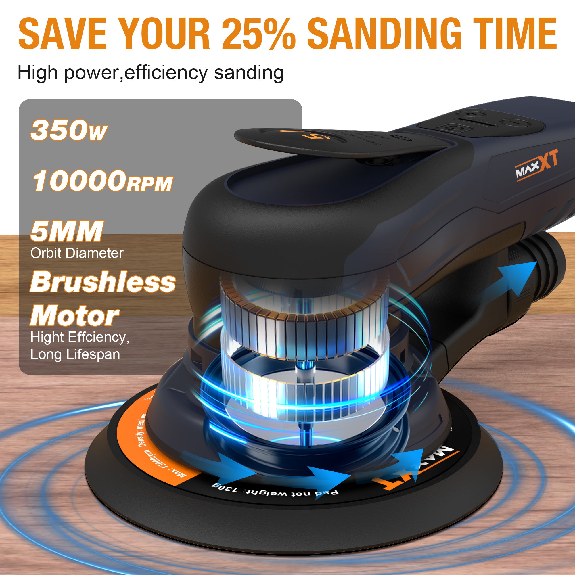 MAXXT Electric 5mm Random Orbital Sander, Brushless 350W