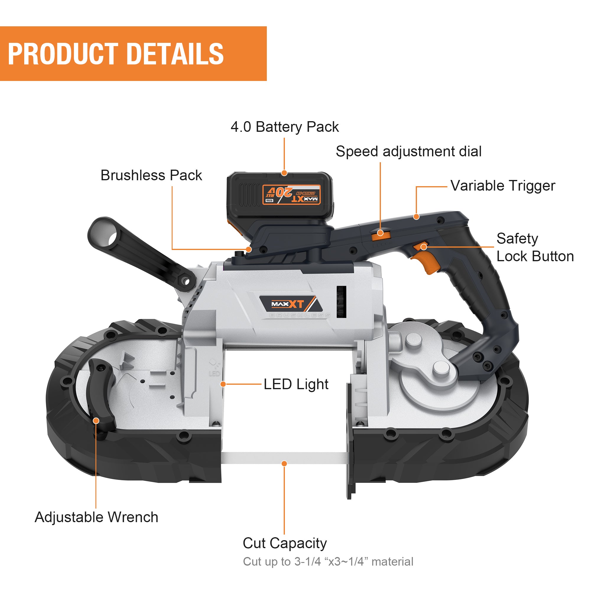 MAXXT Cordless Band Saw，Brushless Power Band Saw 20V MAX 5inch Cutting Capacity
