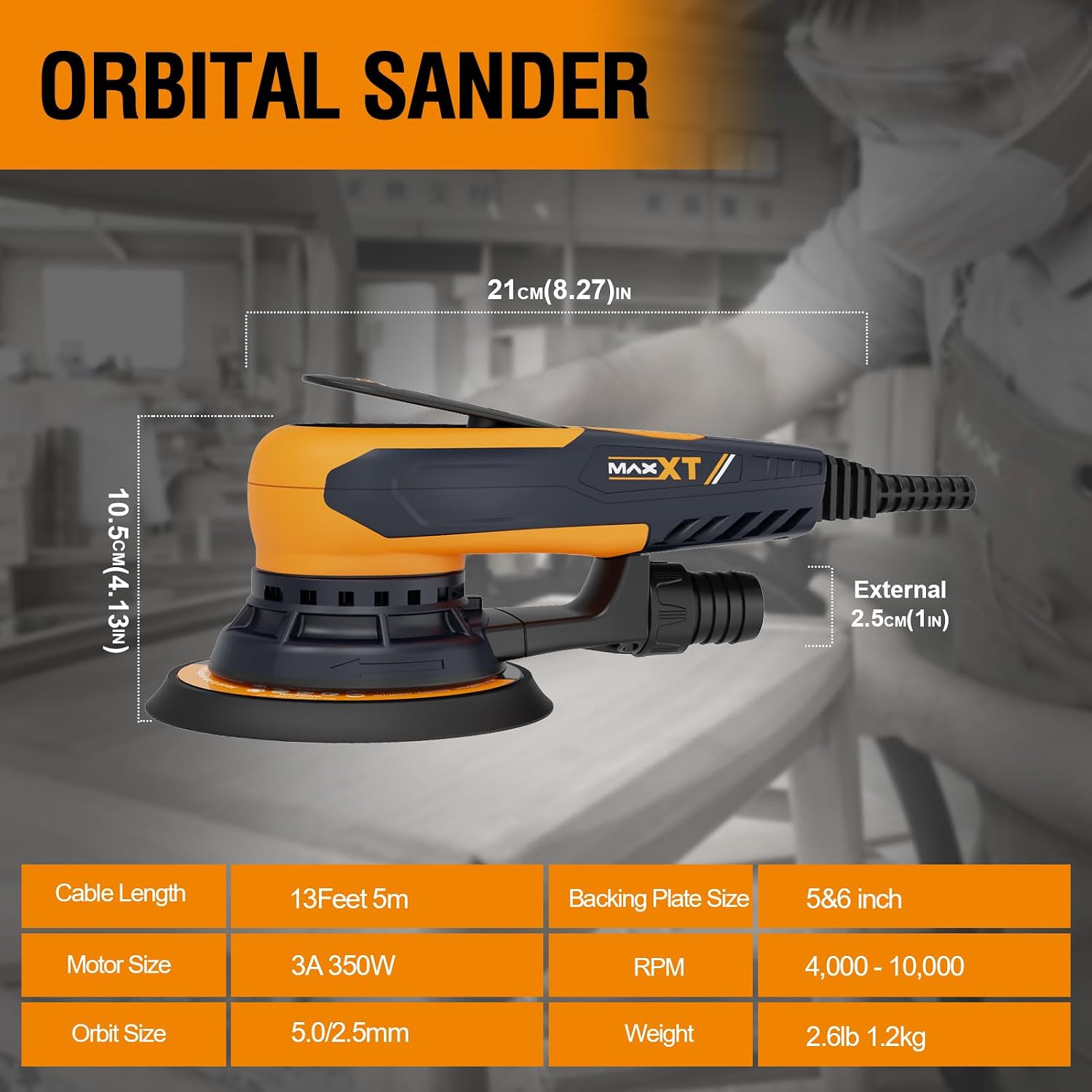 5mm Random Orbit Sander 350W, Brushless Motor, Variable Speed Electric Orbit Sander 4000-10000RPM, Sanders for Woodworking, Automatic Brake-2s, Includes 6" Backing Plate, 10 Sandpaper, 16.5FT Cable