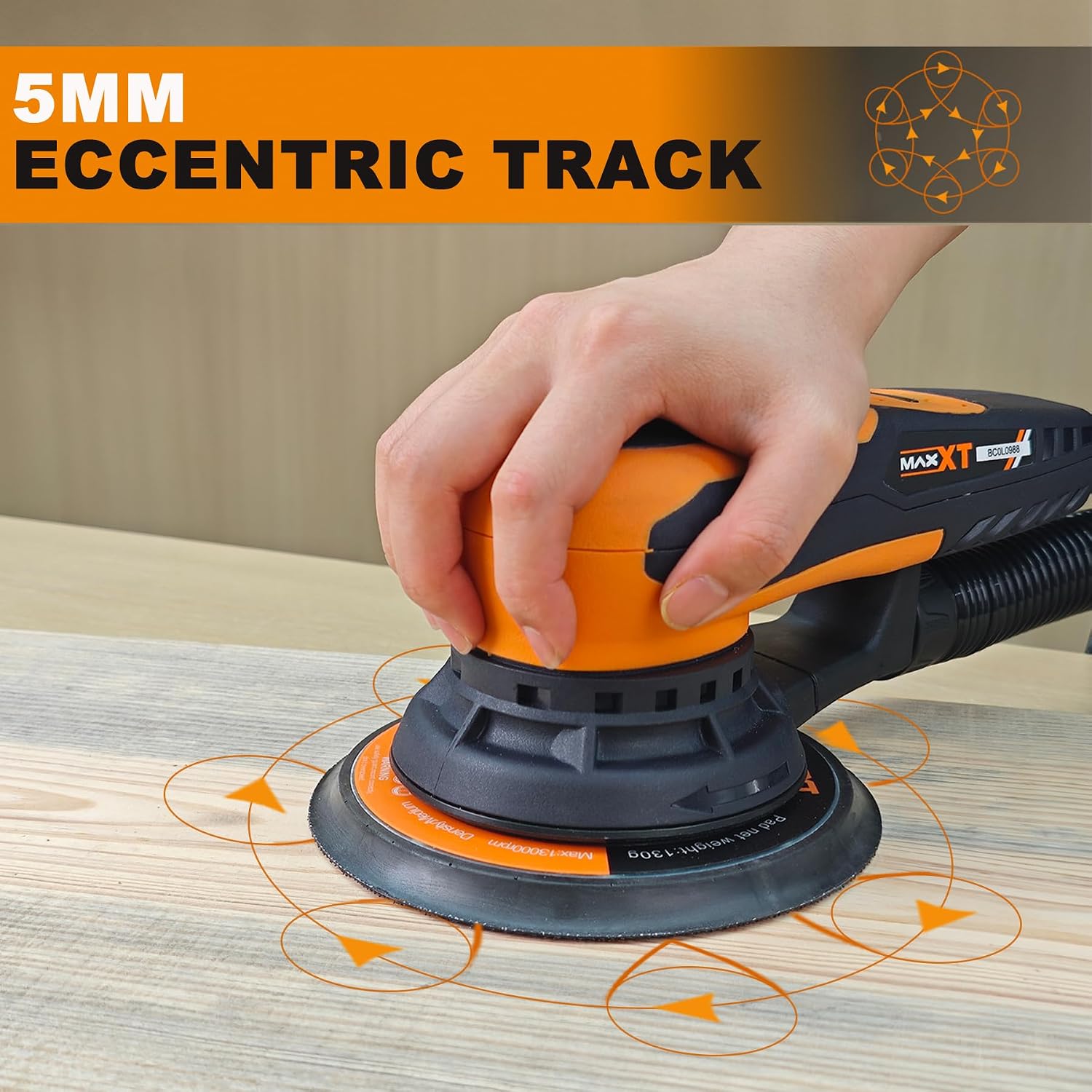 5mm Random Orbit Sander 350W, Brushless Motor, Variable Speed Electric Orbit Sander 4000-10000RPM, Sanders for Woodworking, Automatic Brake-2s, Includes 6" Backing Plate, 10 Sandpaper, 16.5FT Cable