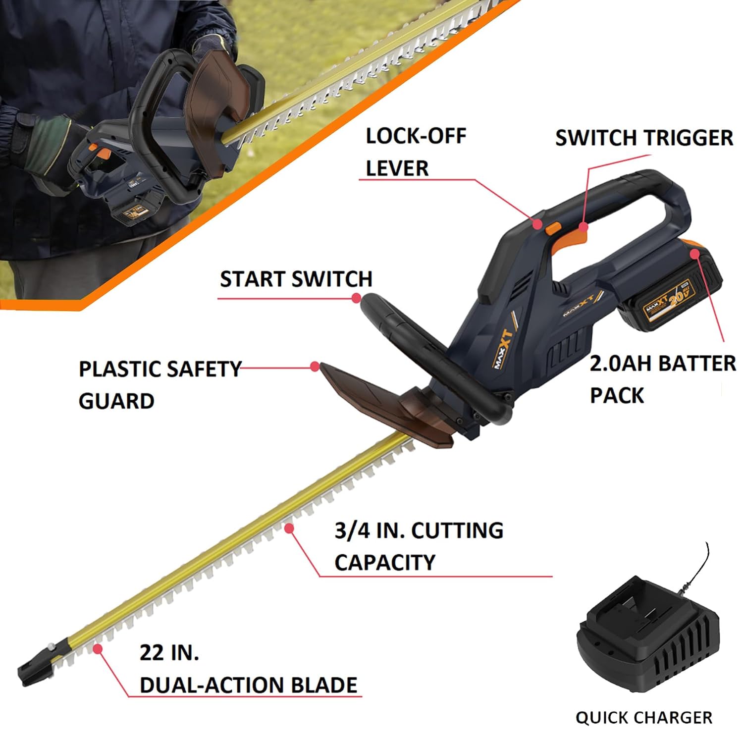Cordless Hedge Trimmer 22inch MAXXT Bush Trimmer Brushless 2800SPM with Dual-Action Blades, Handheld Bush Shrub Trimmer(Include 2.0AH Battery and Charger)