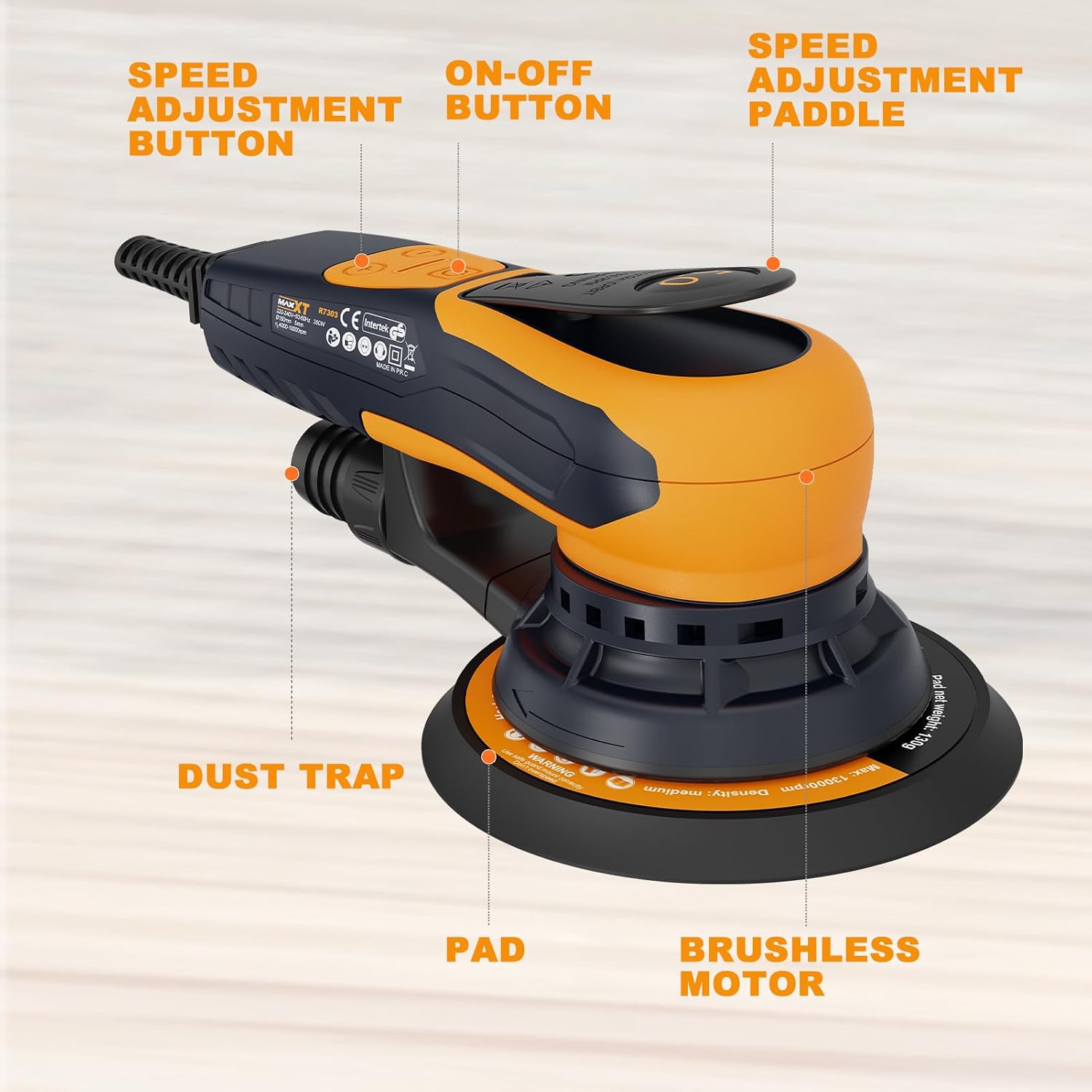 5mm Random Orbit Sander 350W, Brushless Motor, Variable Speed Electric Orbit Sander 4000-10000RPM, Sanders for Woodworking, Automatic Brake-2s, Includes 6" Backing Plate, 10 Sandpaper, 16.5FT Cable