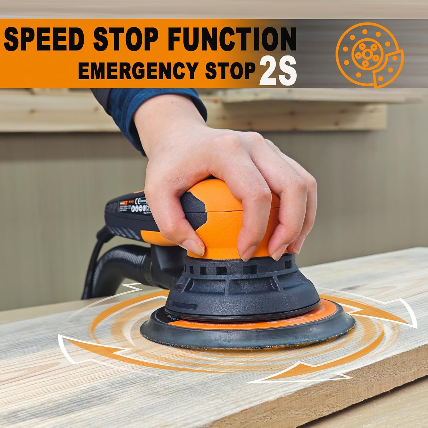 5mm Random Orbit Sander 350W, Brushless Motor, Variable Speed Electric Orbit Sander 4000-10000RPM, Sanders for Woodworking, Automatic Brake-2s, Includes 6" Backing Plate, 10 Sandpaper, 16.5FT Cable