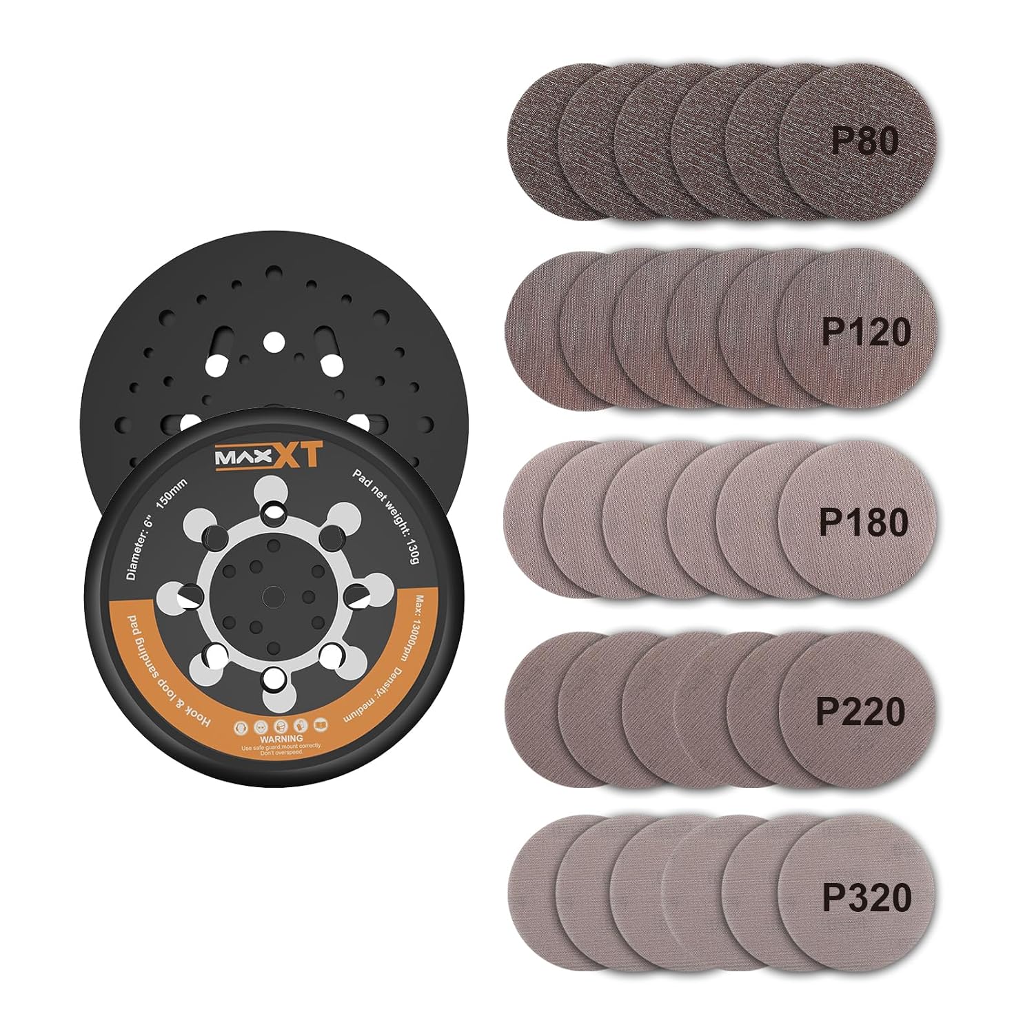 MAXXT 6-inch（150mm） DA Sanding Backing Pad Kit | Includes 30 Sandpaper Discs