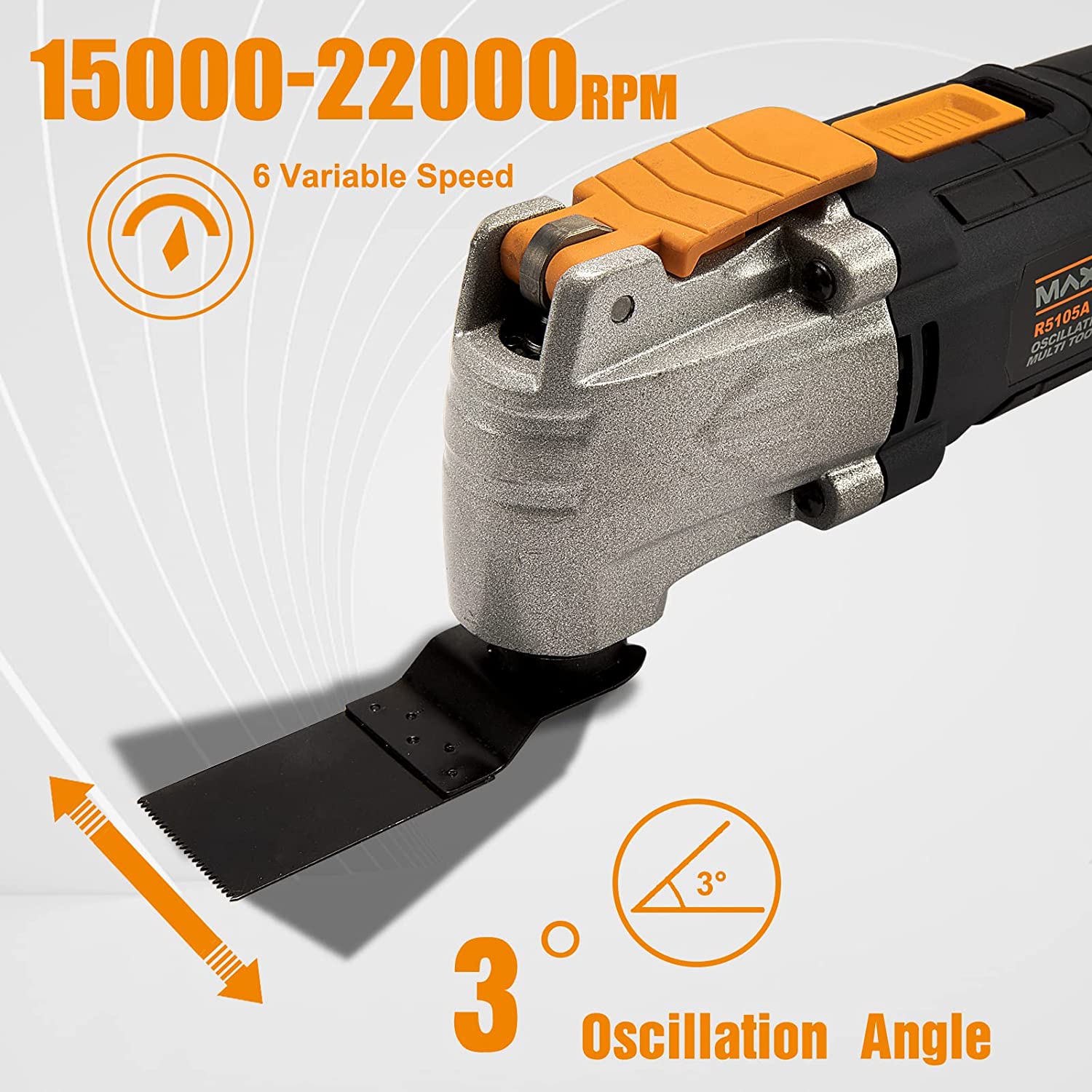 VEVORbrand Oscillating Multi Tool 11000-22000 OPM 6 Variable Speeds 3.1°  Oscillating Angle 